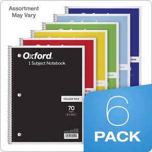 Subject Notebooks, 8″ x 10-1/2″, College Rule, 70 Sheets, 6 Pack, Color Assortment May Vary