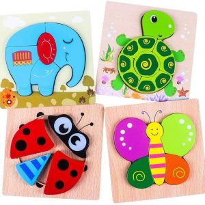 Wooden Puzzle 3D Children 4 Pieces, Animal Plug-in Puzzle Wooden Toy for Children 1 2 3 Years, Baby Learning Toy, Turtle, Ladybird, Elephant Shattering Gift for Christmas, Birthday, Children’s Day