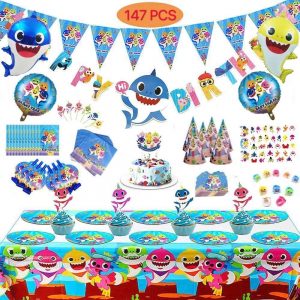 Shark Party Supplies for Baby, 147 Pcs, Prizes, Toys, Ocean Party Decorations Theme Set – Includes Biodegradable Paper Plates, Napkins, Tablecloth, Cupcake Toppers, Large Cake Topper, Party Cone Hats, Whistles, 18” Helium Balloons, 26″ Shark Character Helium Balloons, Baby Shark Birthday Banner, Baby Shark Pennant Banner, Invitation Cards, Gift Bags, Gift Party Favor Rings & Tattoos!