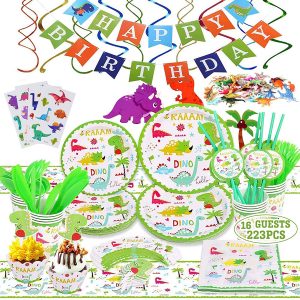 223 PCS Dinosaur Party Supplies Set Serves 16 Guests, Dinosaur Party Favors Include Plates, Cups, Napkins, Straws, Cutlery, Cupcake Toppers, Banner, Tablecloth, Swirls, Stickers & Dinosaur Toys