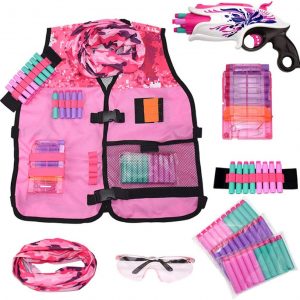 Girls Pink Tactical Vest Set with Gun for Nerf Rebelle and N-Strike Elite Series with 30 Refill Darts, Quick Reload Clip, Wrist Ammo Holder, Safety Glasses, and Tube Mask