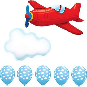 36″ Vintage Red Airplane Foil Mylar Balloon 30″ Puffy Cloud Foil Balloon & 11″ Cloud Print Latex Balloon Bundle
