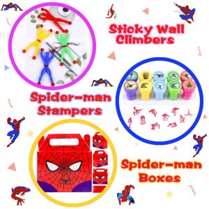 Andzerolief Spider Birthday Party Favors Supplies- (70 Pcs) Keychains, Stamps, Blower Whistles, Masks, Goodie Bags, Sticker Wall Climbers for Classroom Rewards Carnival Christmas Prizes Gifts for Kids Boys Girls – Serve 12 Guests