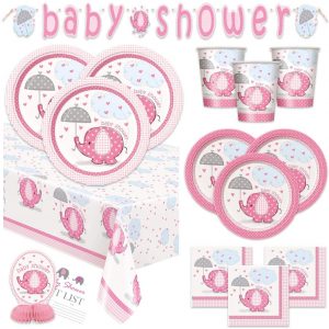 Umbrellaphants Girl Baby Shower Party Supplies Set – Pink Elephant Design – Plates, Cake Plates, Cups, Napkins & Decorations (Deluxe – Serves 16)