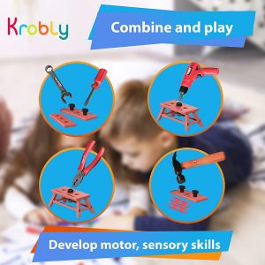 Krobly Kids Tool Set – Montessori Toddler Tool Box with Durable Tool for Kids – Educational Play Toy Tool Set with Realistic Drill Pliers Hammer – Small Boys Girls Child Pretend Play Construction Kit