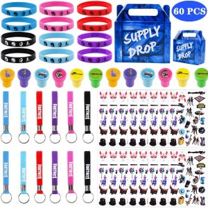 Video Game Birthday Party Favors Supplies Set- Bracelets, Stampers, Key Chains, Tattoos and Goodie Bags for Classroom Rewards Carnival Prizes Set Gifts for Kids Boys Girls- Serve 12 Guests -60 Pcs