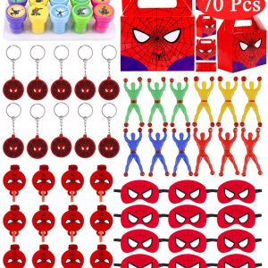 Andzerolief Spider Birthday Party Favors Supplies- (70 Pcs) Keychains, Stamps, Blower Whistles, Masks, Goodie Bags, Sticker Wall Climbers for Classroom Rewards Carnival Christmas Prizes Gifts for Kids Boys Girls – Serve 12 Guests