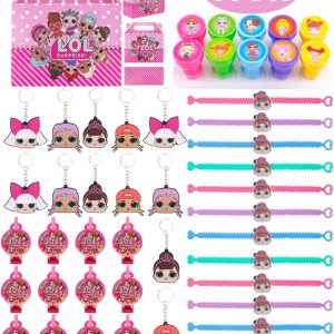 LOL Birthday Gifts Party Favors Supplies for Kids- (58 Pcs) Keychains, Wristbands, Stampers, Blower Whistles, Goodie Bags for Classroom Rewards Carnival Christmas Prizes Gifts for Kids Boys Girls – Serve 12 Guests