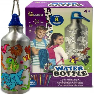 Color Your Own Water Bottle Kit – No-BPA Baby Dinos Bottle, 20 Gem Stickers, 3 Cartoon Dinosaur Keychains & 8 Coloring Markers – DIY Creative Craft Set – Personalized Bottles for Kids Aged 4+16.9fl oz