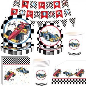 NAL Race Car Birthday Party Supplies, Race Car Party Tableware Race Car Plates Cups Napkins Banner for Boys Kids Racing Birthday Party Decorations Serves 16