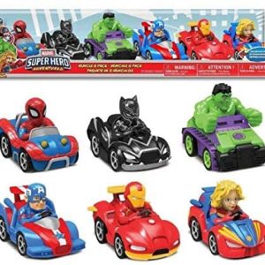 Marvel Super Hero Adventures, Pull-back Action Vehicle – 6 Pack of Spider-Man, Black Panther, Hulk, Captain America Iron Man and Captain Marvel (3+ Years)