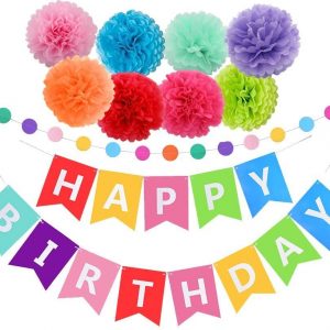 Happy Birthday Decorations Banner With Tissue Pom Poms For Rainbow Birthday Party Supplies