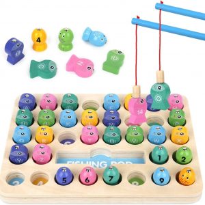 TEUN 36 Pack Wooden Magnetic Fishing Game for Kid 1-4 Years Old Montessori Letters Cognition Preschool Education Gift Fine Motor Skill Toy ABC Alphabet Color Sorting Puzzle for Toddler with 2 Pole