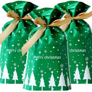 Feelava Christmas Drawstring Candy Bags 50 Pcs Xmas Tree Gift Wrapping Bags Present Package Bag Plastic Sweet Treat Goody Chocolate Bag for Wedding Anniversary Merry Christmas Party