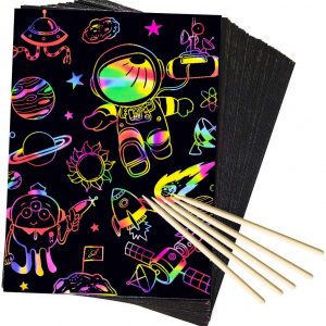 AxPower 50 Piece Rainbow Scratch Paper – 5 Wooden Styluses Included – Create Rainbow Scratch Art This Jumbo Craft Pack
