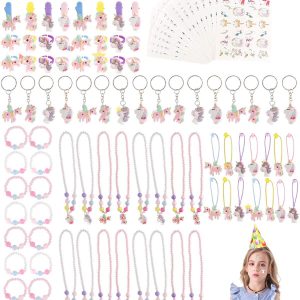 Unicorn Party Supplies Set, Unicorn Birthday Favors Packs Including Bracelets, Necklaces, Keychains, Rings, HairClips, Tattoos, Hairbands, Unicorn Decorations Gift for Kids Girls