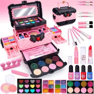 Chennyfun Kids Makeup Sets for Girls. 53 Pack Real Washable Make Up Set Toy for Little Girl Age 3 4 5 6 7 8 9 10 Years with Pink Butterfly Drawer Box for Girls Christmas Birthday Play Game