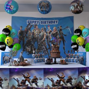 Nelton Video Game Birthday Party Supplies Includes Backdrop , Cake Topper, Cupcake Topper, Balloons, Table Cloth, Blue